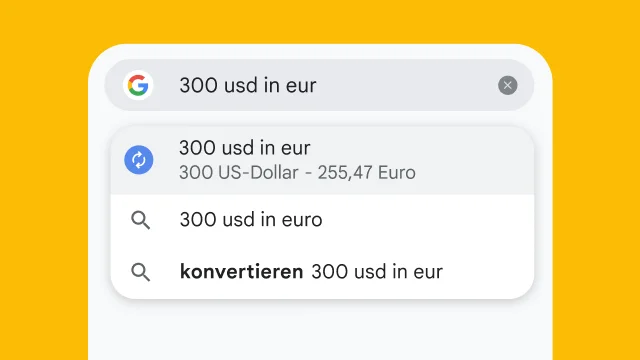 In die Adressleiste von Chrome wurde „300 USD in EUR“ eingegeben und es werden sofort Suchergebnisse angezeigt.