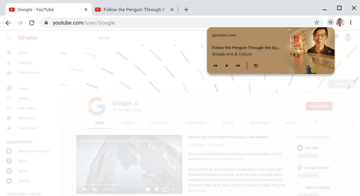 Chrome-browservenster met daarin het dialoogvenster voor mediabediening.