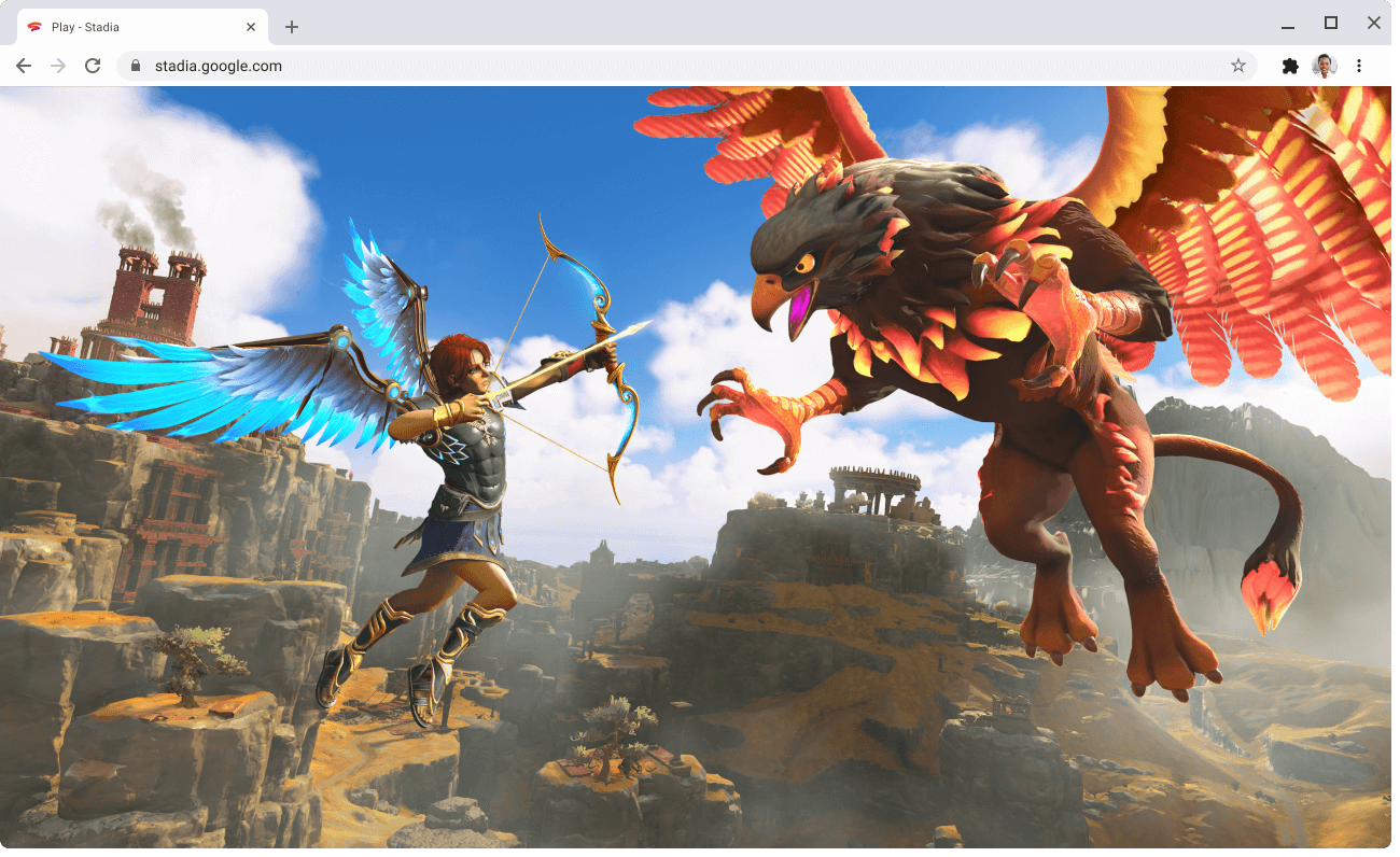 Een webpagina van stadia.google.com waarop een game wordt gespeeld.