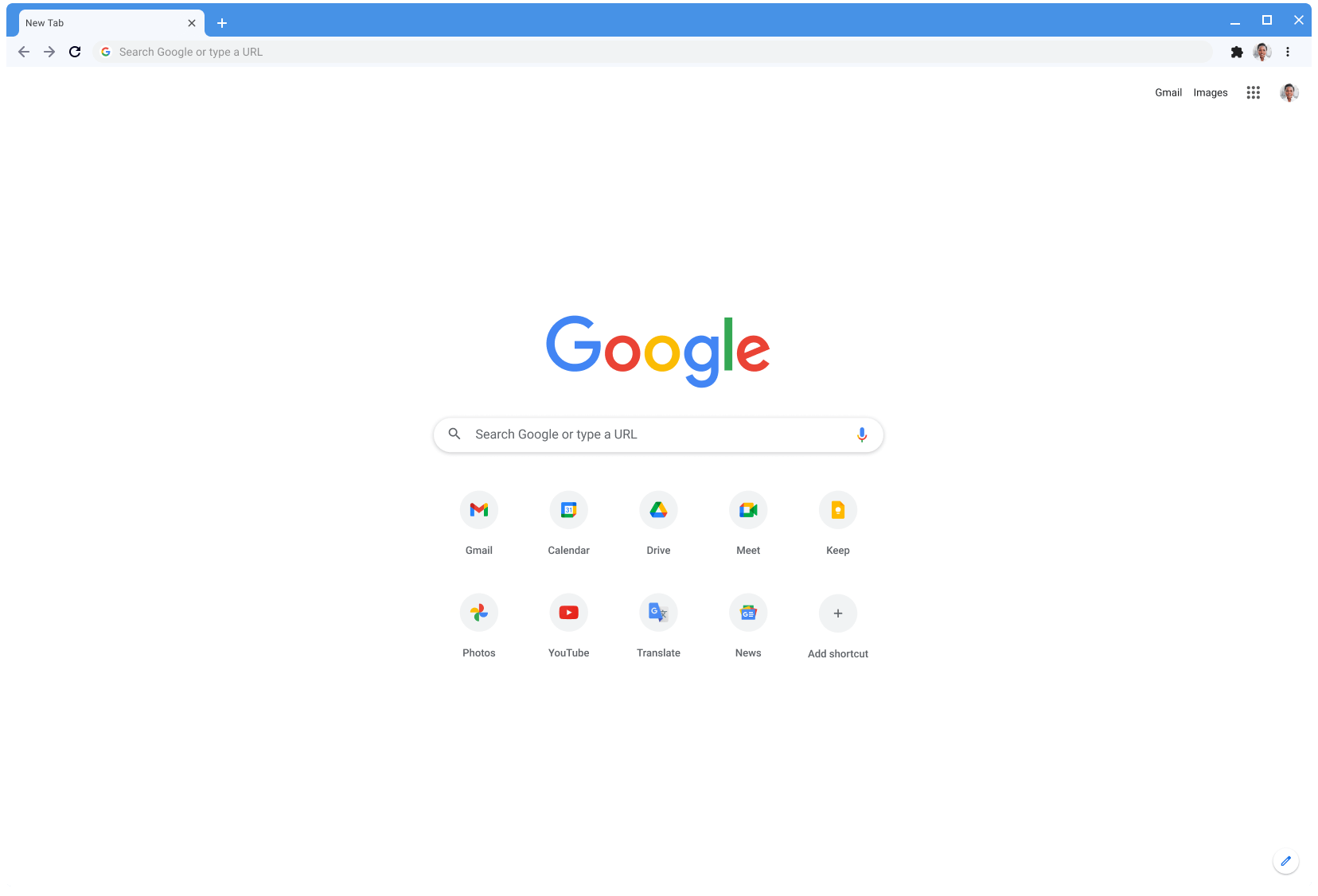Chrome-browservenster met klassiek thema met daarin Google.com.