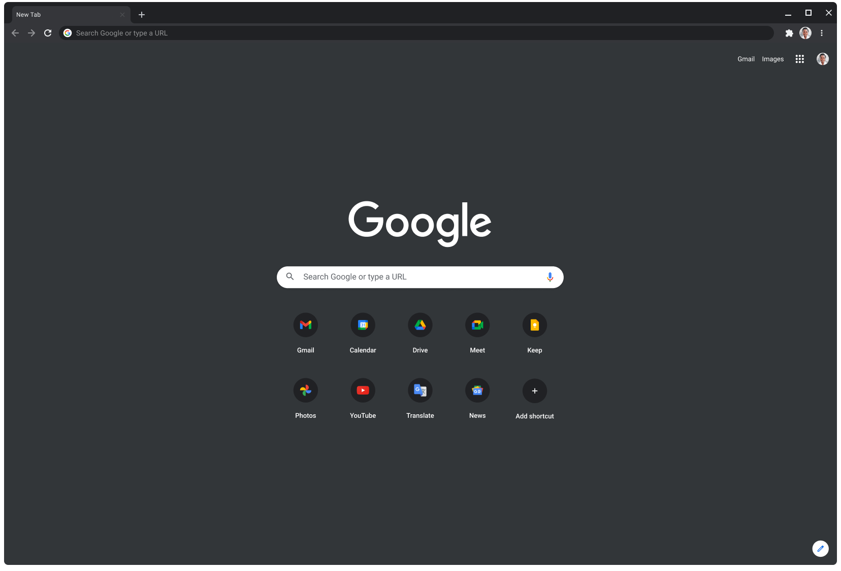 Chrome-browservenster in donkere modus met daarin Google.com.