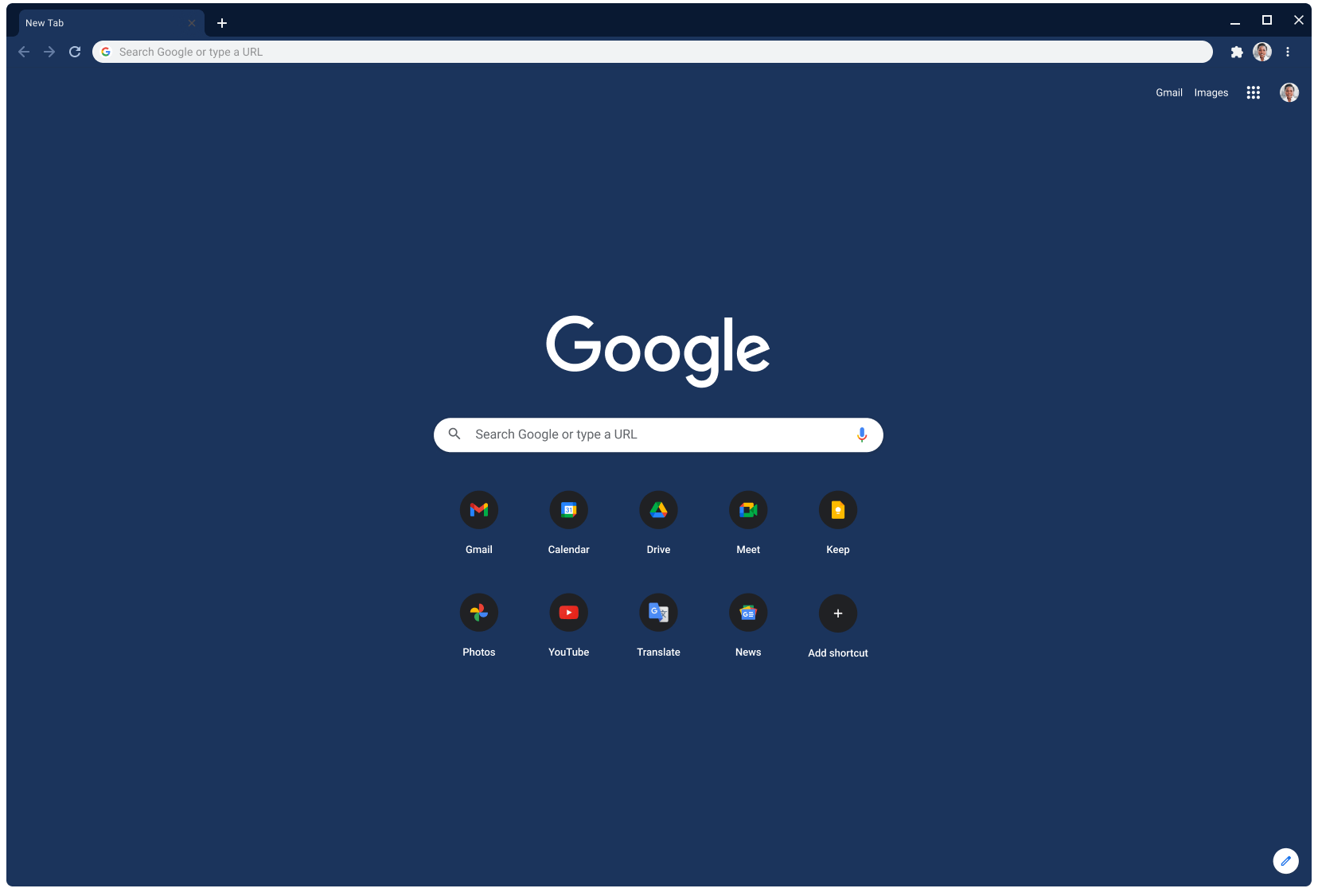 Chrome-browservenster met het leisteen-thema met daarin Google.com.