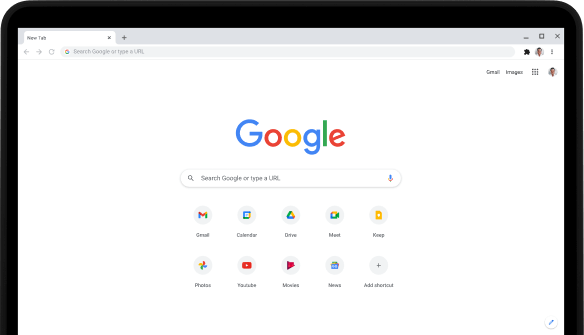Linkerhoek van een Pixel Go-laptop met een scherm waarop je de Google.com-zoekbalk en favoriete apps ziet.