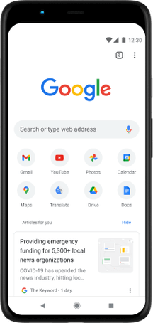 Pixel 4 XL-telefoon met een scherm waarop je de Google.com-zoekbalk, favoriete apps en voorgestelde artikelen ziet.