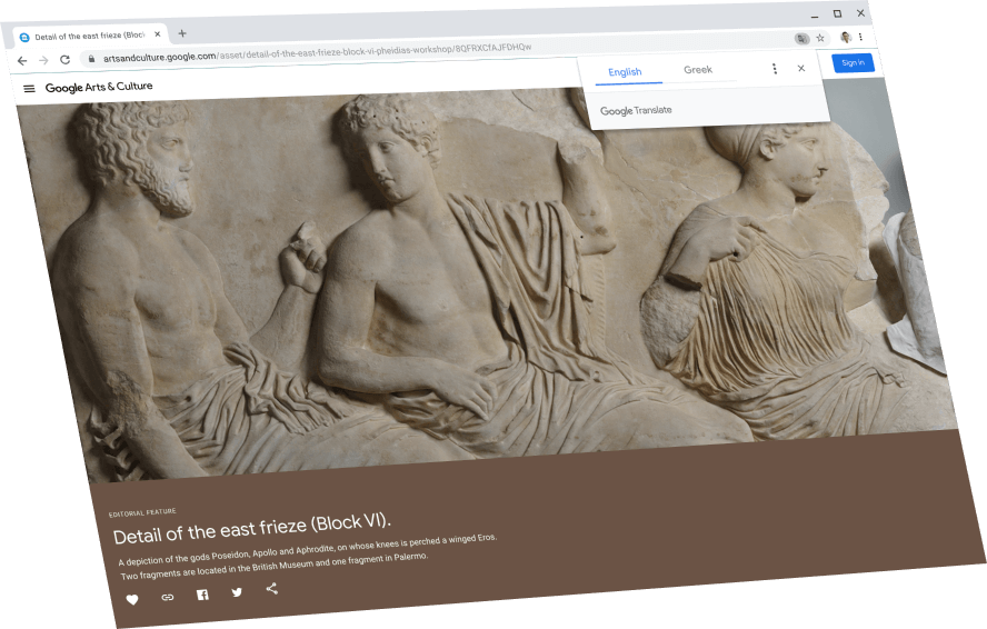 Een Google Arts & Culture-pagina waarop je bovenaan een Google Translate-dialoogvenster met een vertaling naar het Engels ziet.