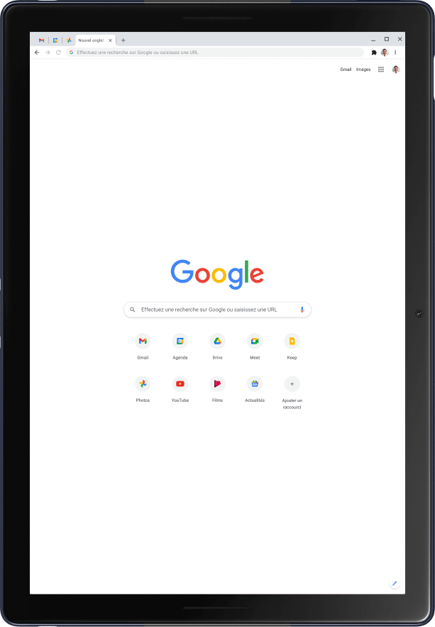 Tablette Pixel Slate en mode Portrait, affichant la page d'accueil Google.