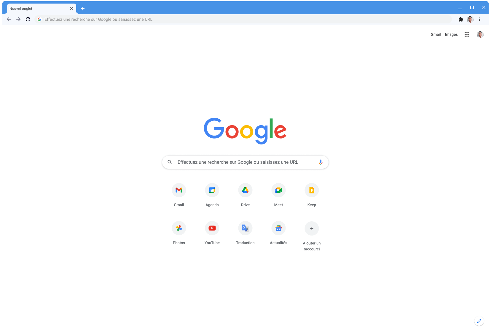 Fenêtre du navigateur Chrome affichant la page google.com, avec le thème classique.