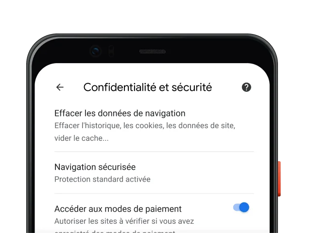 Page des paramètres de confidentialité et de sécurité de Chrome sur un appareil mobile.