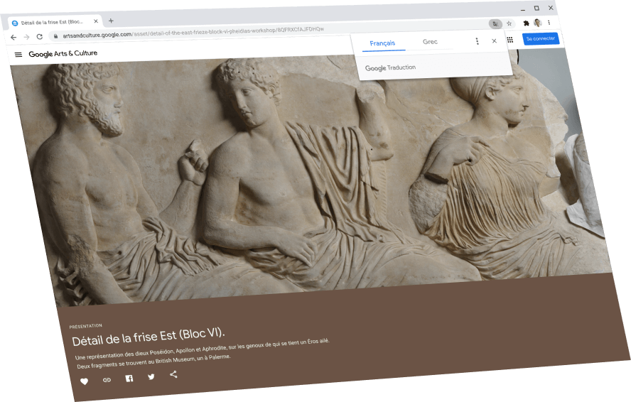 Page Google Arts & Culture avec la boîte de dialogue Google Traduction en haut de la page et la traduction en anglais.