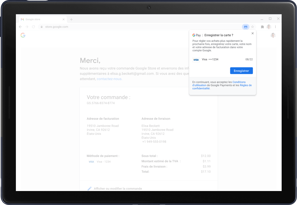 Google Pay confirmation screen shown on a Pixel Slate Tablet.