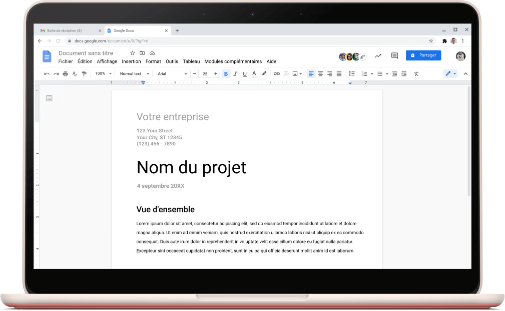 Écran Google Docs montrant un modèle de projet ouvert.