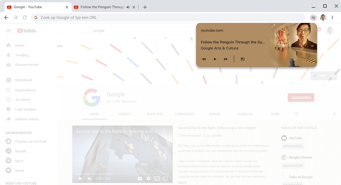 Chrome-browservenster met daarin het dialoogvenster voor mediabediening.