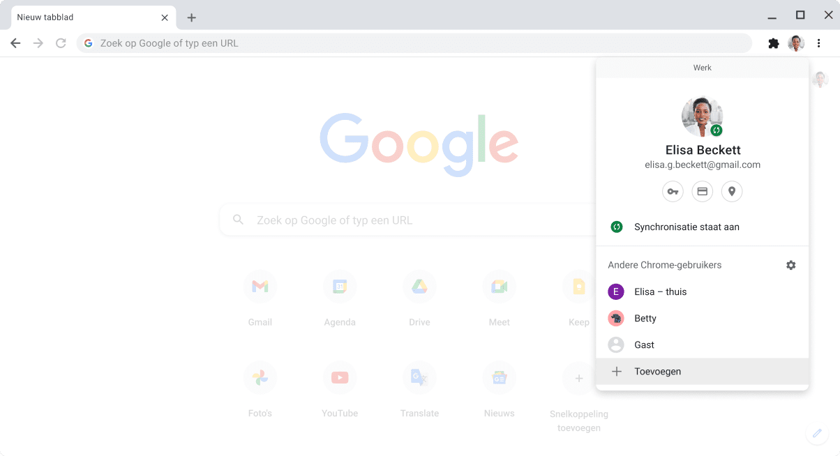 Chrome-browser met daarin het dialoogvenster voor de profielkiezer.