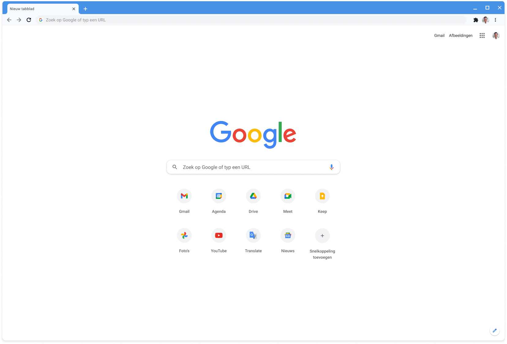 Chrome-browservenster met klassiek thema met daarin Google.com.