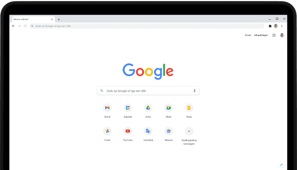 Linkerhoek van een Pixel Go-laptop met een scherm waarop je de Google.com-zoekbalk en favoriete apps ziet.