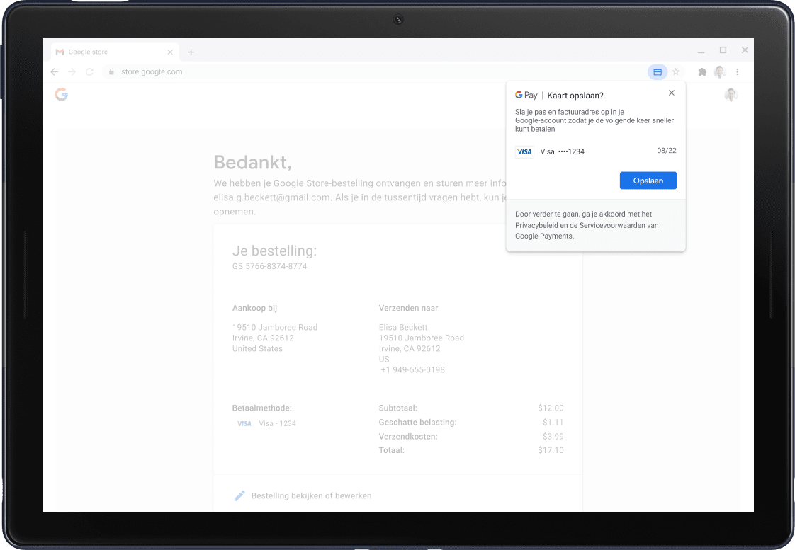 Google Pay confirmation screen shown on a Pixel Slate Tablet.