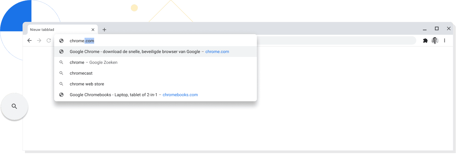 Ingezoomde weergave van een nieuw tabblad in een Chrome-browservenster waarin chrome.com is opgegeven in de adresbalk.