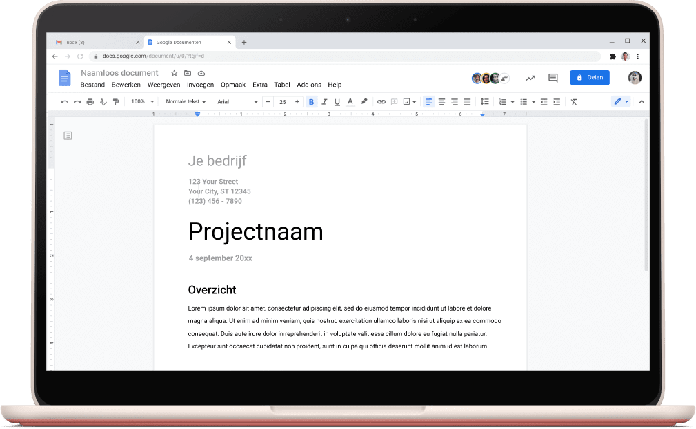 Google Documenten-scherm met daarin een geopende projecttemplate.