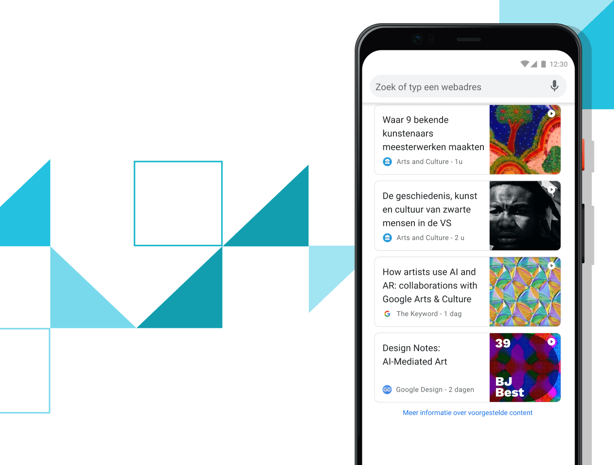Artikelen voor jou Pixel 4 XL-telefoon met een scherm waarop je je links naar speciaal geselecteerde artikelen ziet.