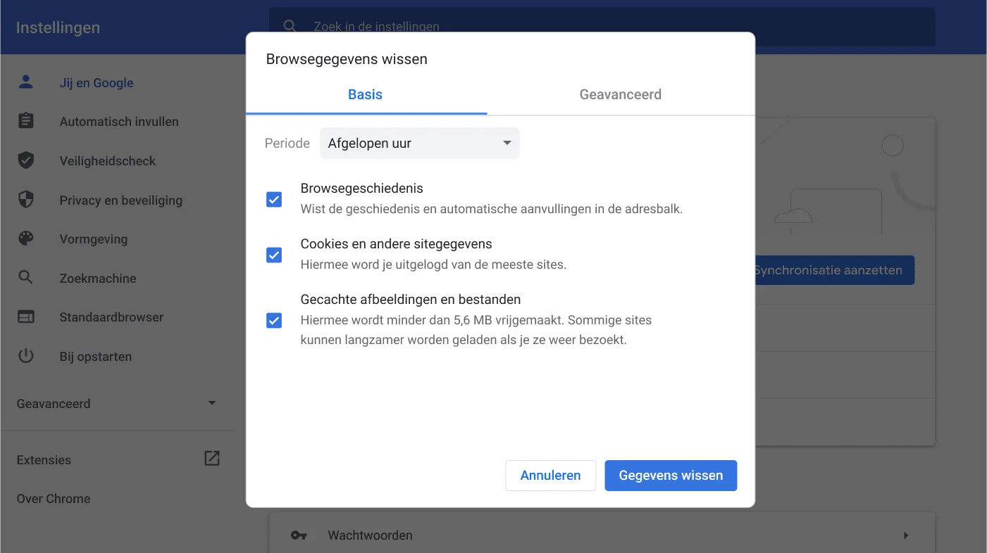 Venster met Chrome-browserinstellingen met het optiemenu Browsegegevens wissen.
