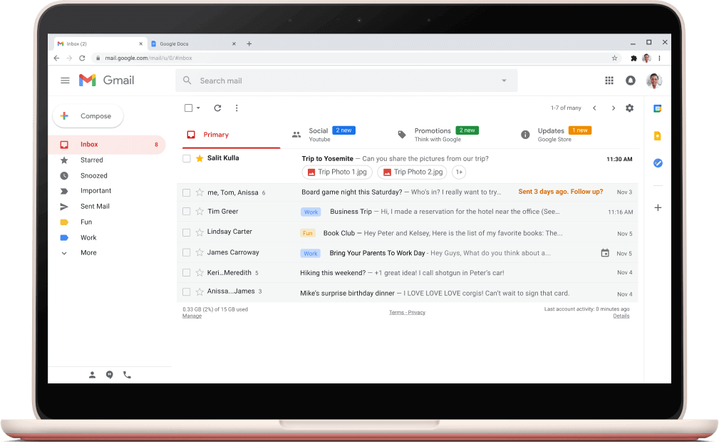 Gmail-interfacescherm waarop je een lijst met e-mails ziet.