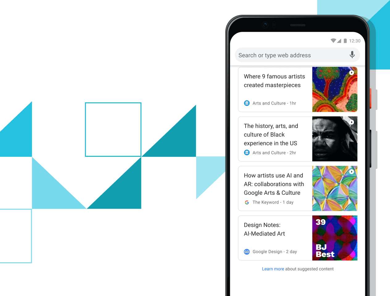 Artikelen voor jou Pixel 4 XL-telefoon met een scherm waarop je je links naar speciaal geselecteerde artikelen ziet.