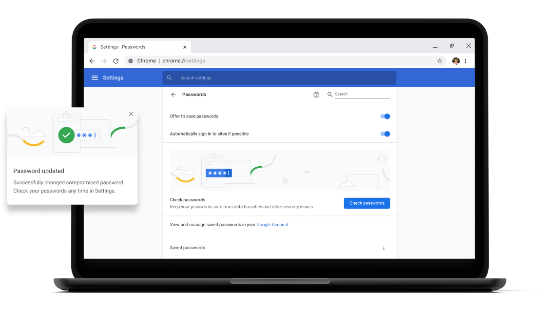 Wachtwoordcheck Pixelbook Go laptop with screen displaying Chrome password check with a passsword update dialog box.
