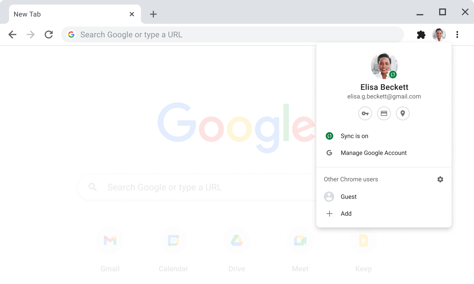 Chrome-browservenster met daarin de account- en synchronisatie-instellingen voor Google-accounts, waarbij synchronisatie is aangezet.