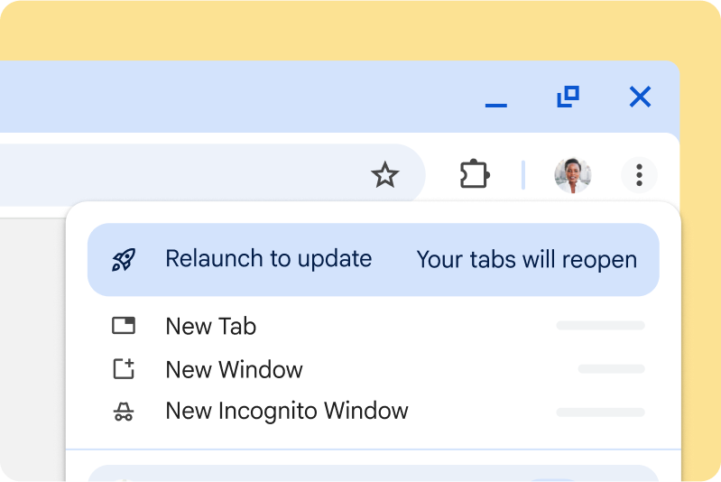 Een update in behandeling toepassen In de Chrome-UI wordt een melding weergeven dat er een update in behandeling is